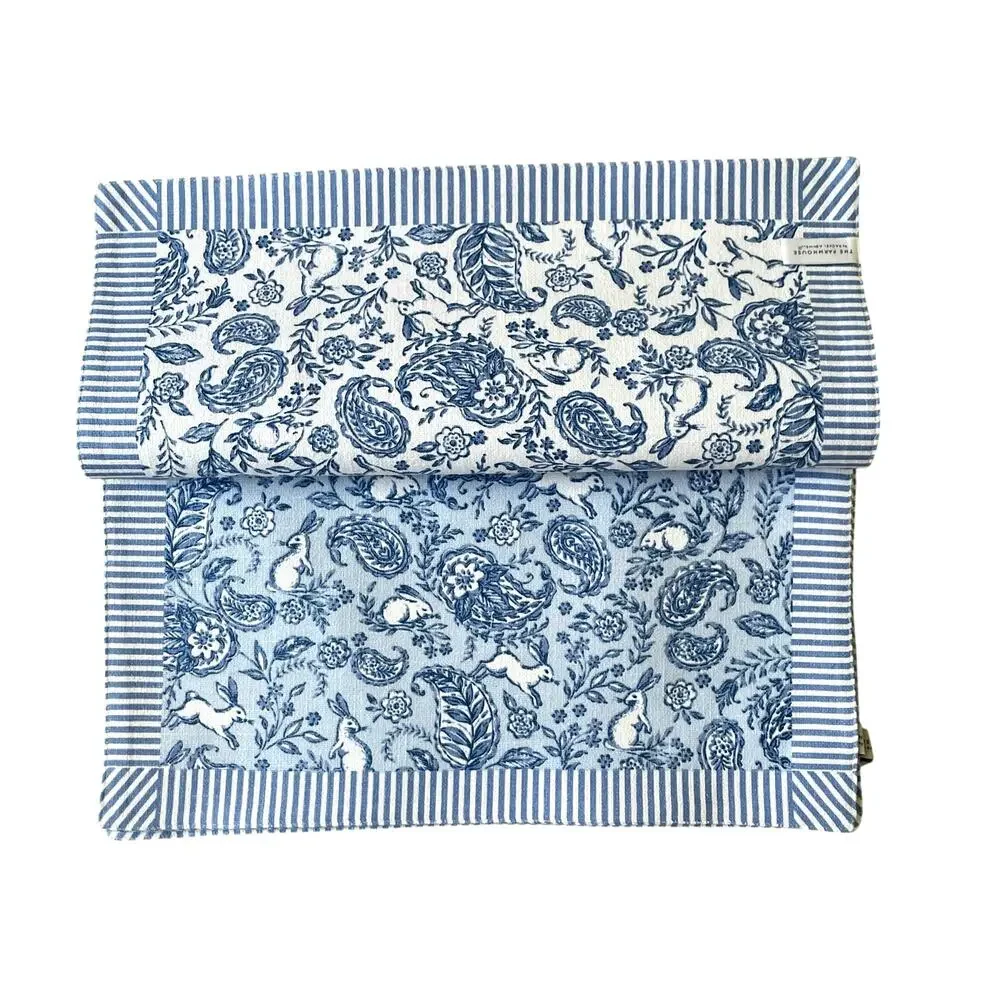 Rachel Ashwell Farmhouse Bunny Paisley Reversible Placemats 13x19 Blue White New